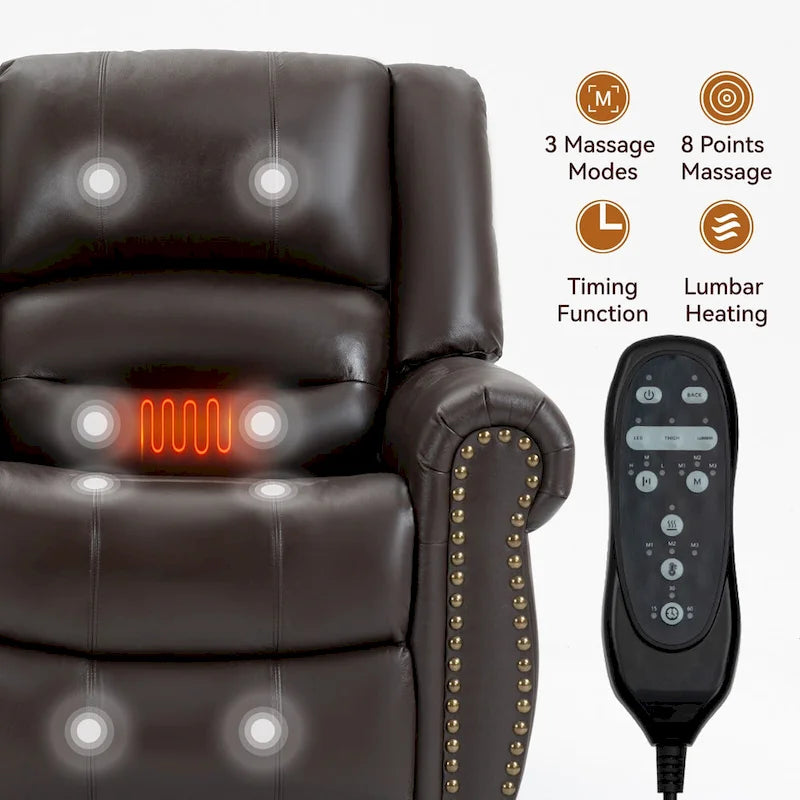 Fauteuil inclinable releveur en cuir véritable marron avec fonction de chauffage, de massage et ports USB