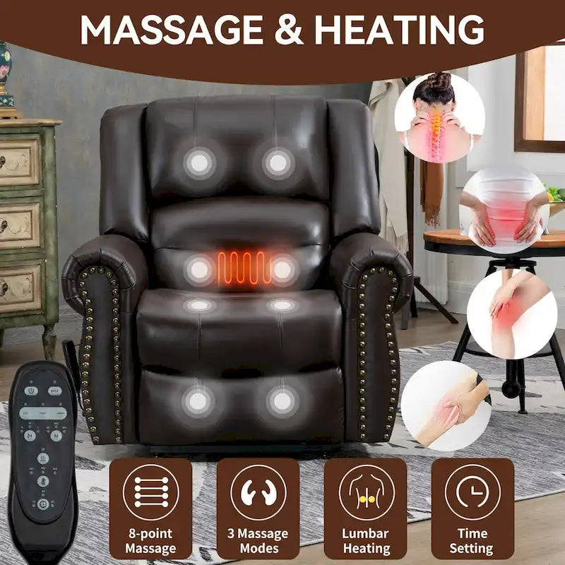 Fauteuil inclinable releveur en cuir véritable marron avec fonction de chauffage, de massage et ports USB