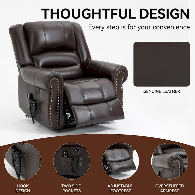 Fauteuil inclinable releveur en cuir véritable marron avec fonction de chauffage, de massage et ports USB