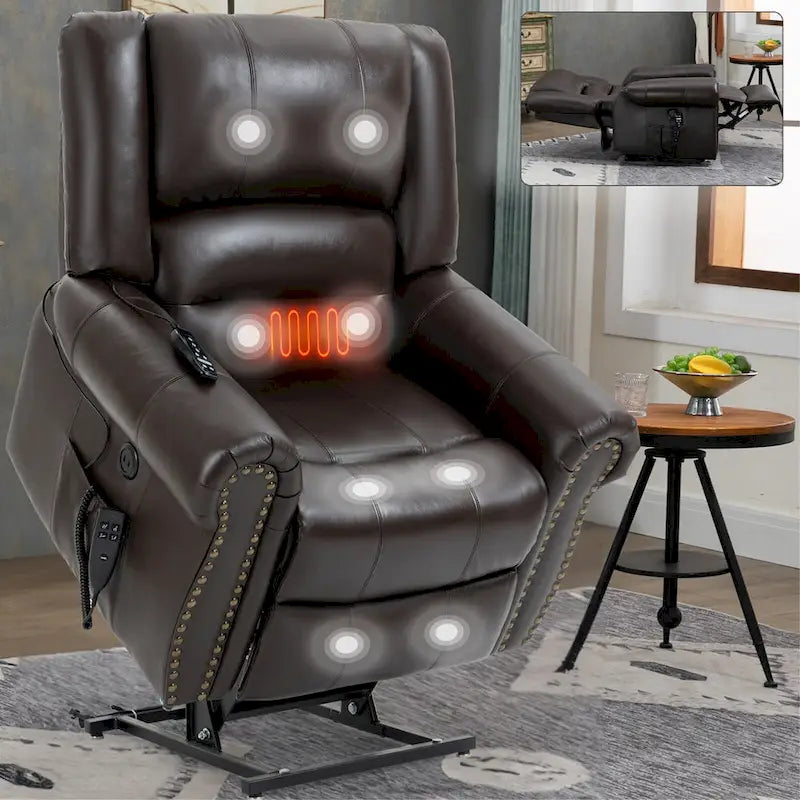 Fauteuil inclinable releveur en cuir véritable marron avec fonction de chauffage, de massage et ports USB