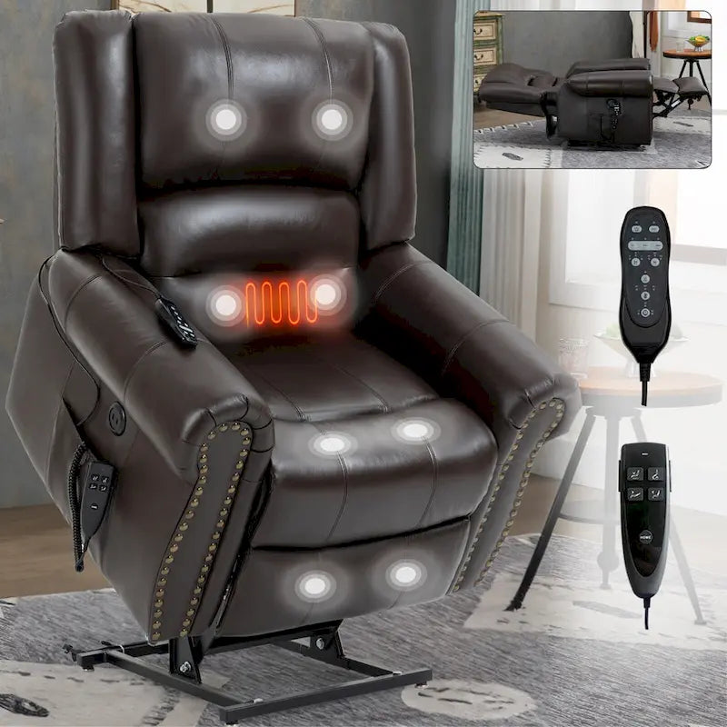 Fauteuil inclinable releveur en cuir véritable marron avec fonction de chauffage, de massage et ports USB