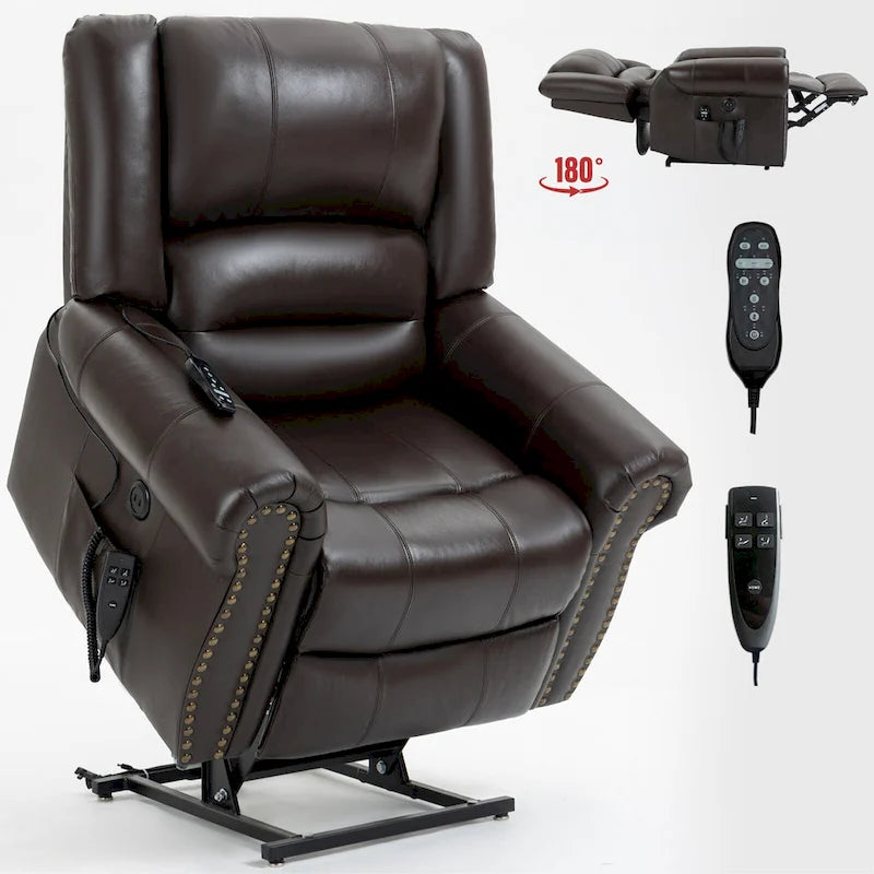 Fauteuil inclinable releveur en cuir véritable marron avec fonction de chauffage, de massage et ports USB