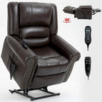 Fauteuil inclinable releveur en cuir véritable marron avec fonction de chauffage, de massage et ports USB