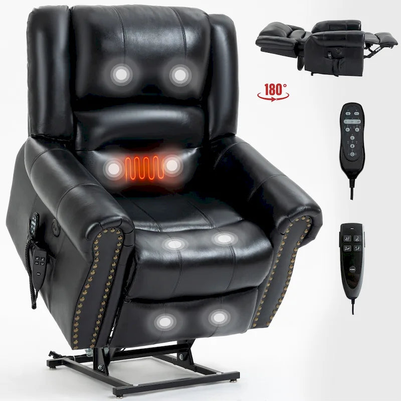 Fauteuil inclinable releveur en cuir véritable marron avec fonction de chauffage, de massage et ports USB
