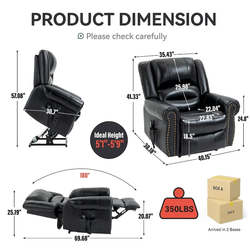 Fauteuil inclinable releveur en cuir véritable marron avec fonction de chauffage, de massage et ports USB