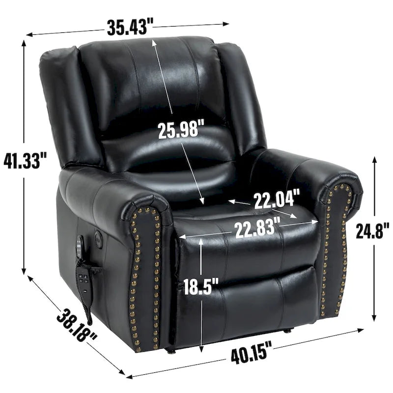 Fauteuil inclinable releveur en cuir véritable marron avec fonction de chauffage, de massage et ports USB