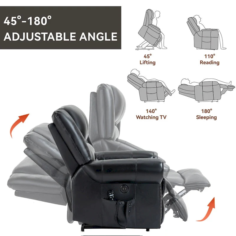 Fauteuil inclinable releveur en cuir véritable marron avec fonction de chauffage, de massage et ports USB