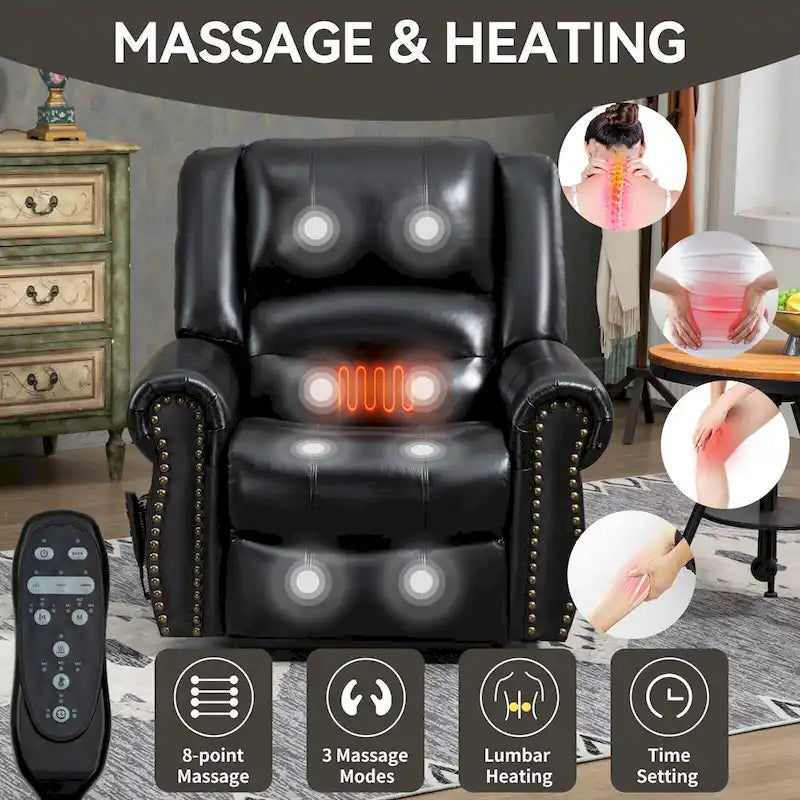 Fauteuil inclinable releveur en cuir véritable marron avec fonction de chauffage, de massage et ports USB