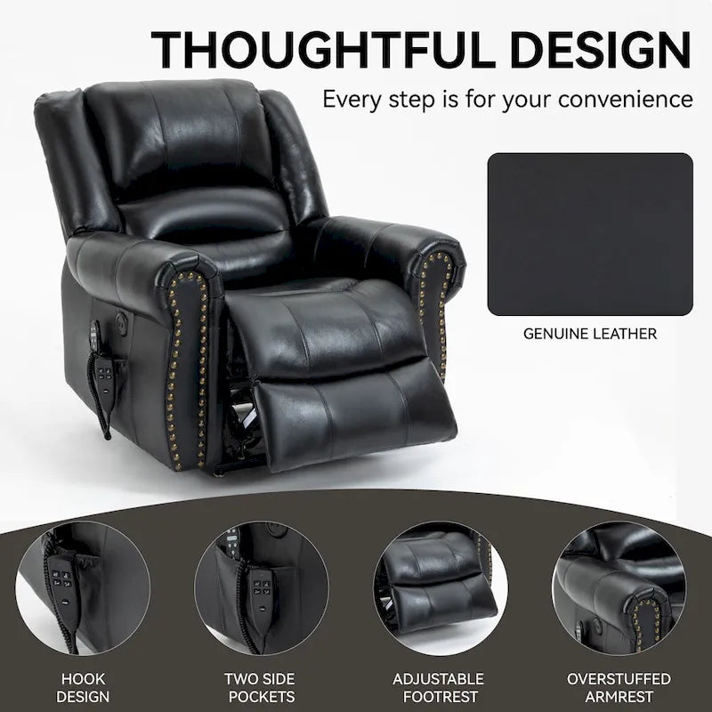 Fauteuil inclinable releveur en cuir véritable marron avec fonction de chauffage, de massage et ports USB