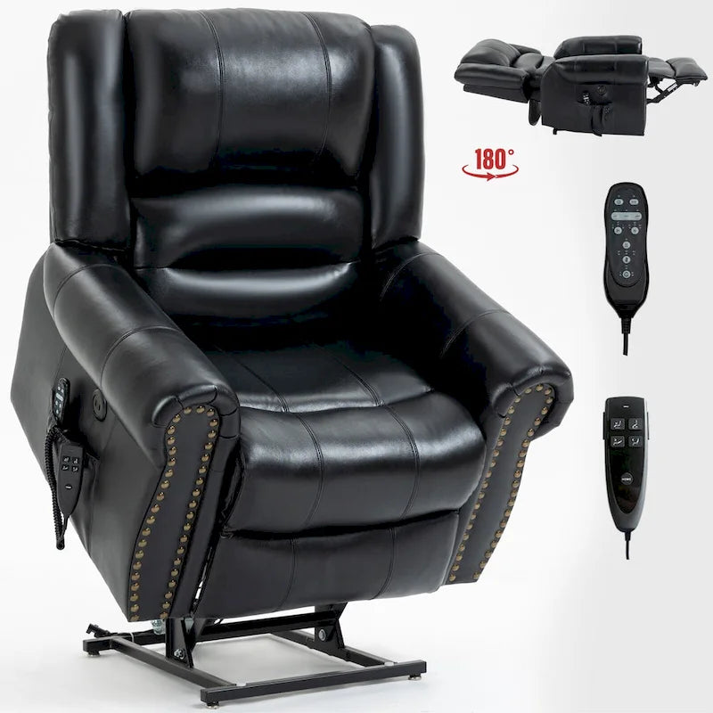 Fauteuil inclinable releveur en cuir véritable marron avec fonction de chauffage, de massage et ports USB