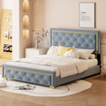 Lit plateforme rembourré gris Queen Size avec tête de lit capitonnée et cadre en métal