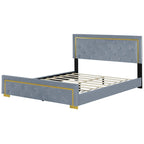Lit plateforme rembourré gris Queen Size avec tête de lit capitonnée et cadre en métal