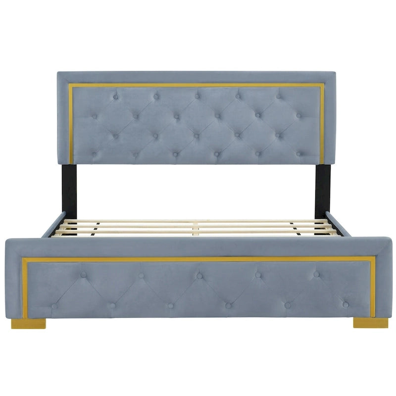 Lit plateforme rembourré gris Queen Size avec tête de lit capitonnée et cadre en métal
