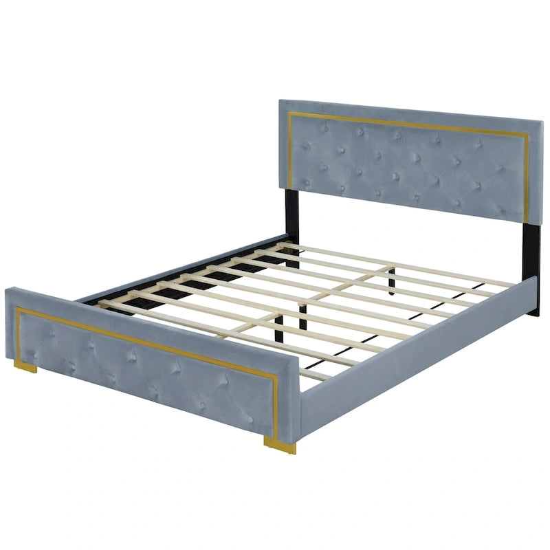 Lit plateforme rembourré gris Queen Size avec tête de lit capitonnée et cadre en métal