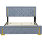 Lit plateforme rembourré gris Queen Size avec tête de lit capitonnée et cadre en métal
