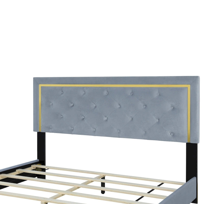 Lit plateforme rembourré gris Queen Size avec tête de lit capitonnée et cadre en métal