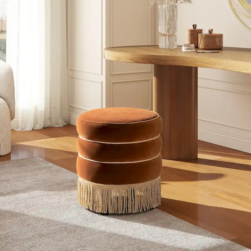17,5 Pouces Pouf Rond Rembourré avec Frange Lingot d'Or