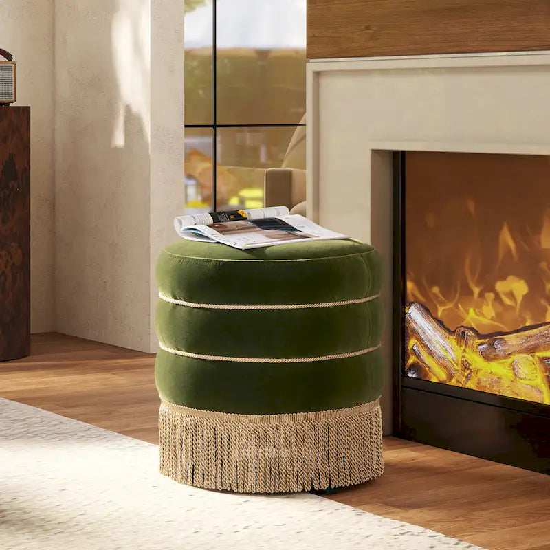 Edward 17.5 Round Upholstered Ottoman with Gold Bullion Fringe