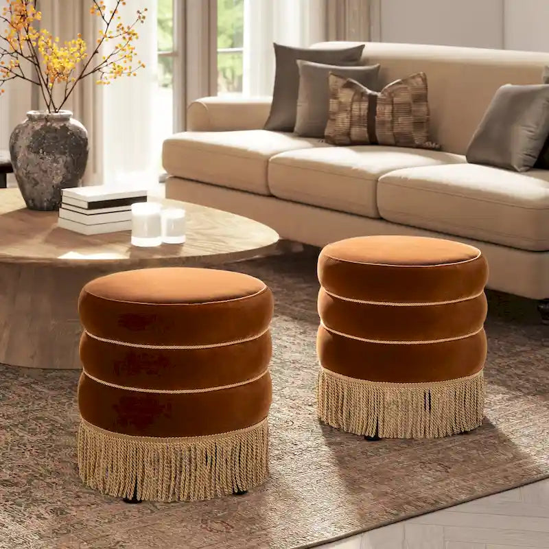 17,5 Pouces Pouf Rond Rembourré avec Frange Lingot d'Or