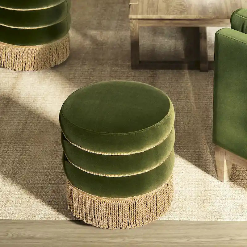 17,5 Pouces Pouf Rond Rembourré avec Frange Lingot d'Or