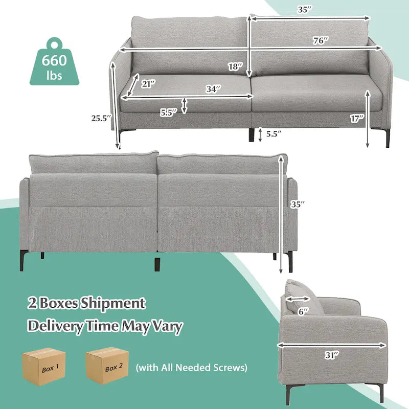 Canapé causeuse moderne de 76 po avec pieds en métal, gris