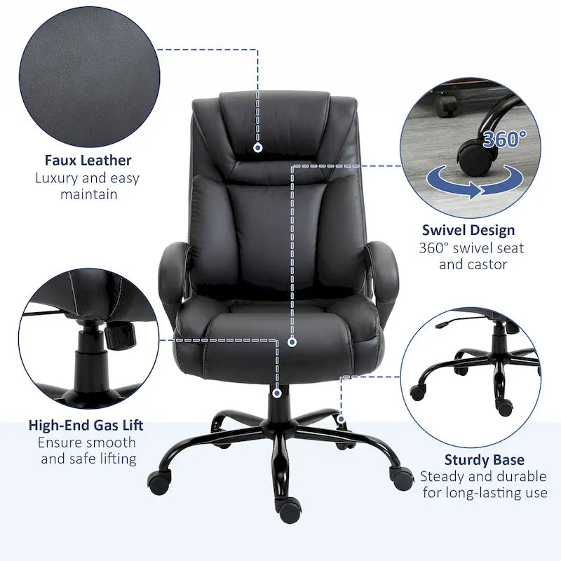 Fauteuil de bureau exécutif grande taille et supportant jusqu'à 180 kg – Chaise d'ordinateur à dossier haut en cuir PU ergonomique