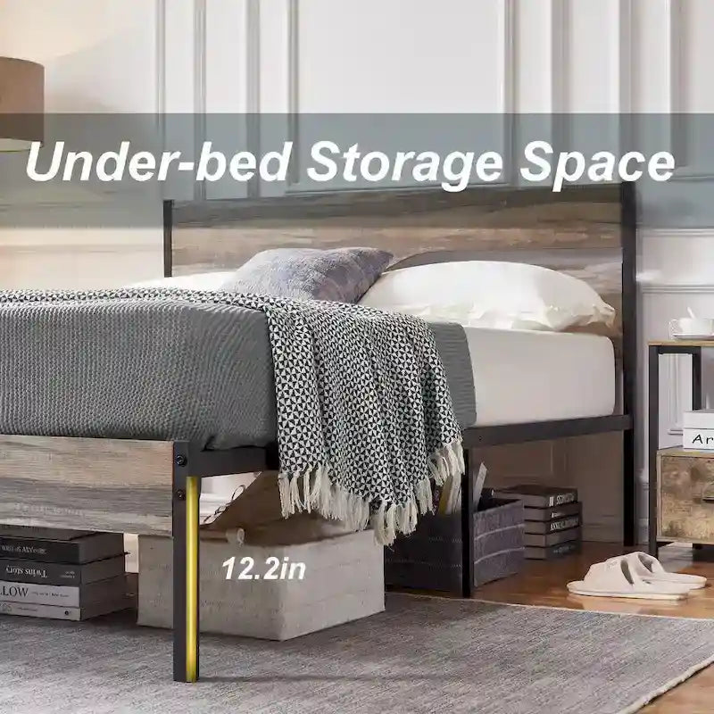 Cadre de lit en métal industriel avec tête de lit en bois, lit plateforme en métal double/complet/grand lit, sommier tapissier non nécessaire, ardoise