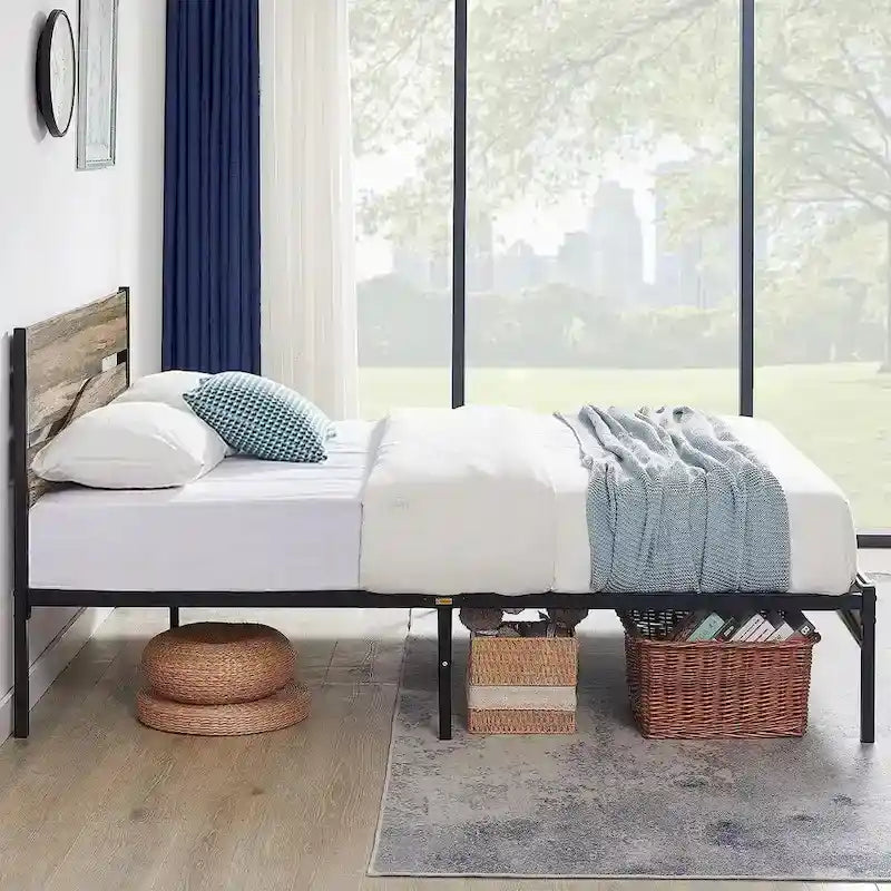 Cadre de lit en métal industriel avec tête de lit en bois, lit plateforme en métal double/complet/grand lit, sommier tapissier non nécessaire, ardoise
