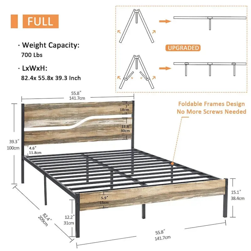 Cadre de lit en métal industriel avec tête de lit en bois, lit plateforme en métal double/complet/grand lit, sommier tapissier non nécessaire, ardoise
