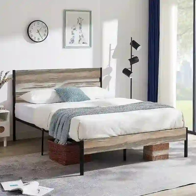 Cadre de lit en métal industriel avec tête de lit en bois, lit plateforme en métal double/complet/grand lit, sommier tapissier non nécessaire, ardoise