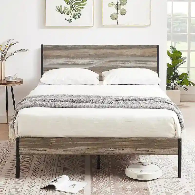Cadre de lit en métal industriel avec tête de lit en bois, lit plateforme en métal double/complet/grand lit, sommier tapissier non nécessaire, ardoise