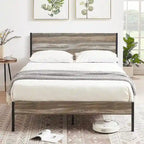 Cadre de lit en métal industriel avec tête de lit en bois, lit plateforme en métal double/complet/grand lit, sommier tapissier non nécessaire, ardoise