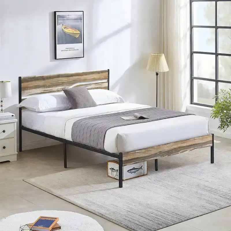 Cadre de lit en métal industriel avec tête de lit en bois, lit plateforme en métal double/complet/grand lit, sommier tapissier non nécessaire, ardoise