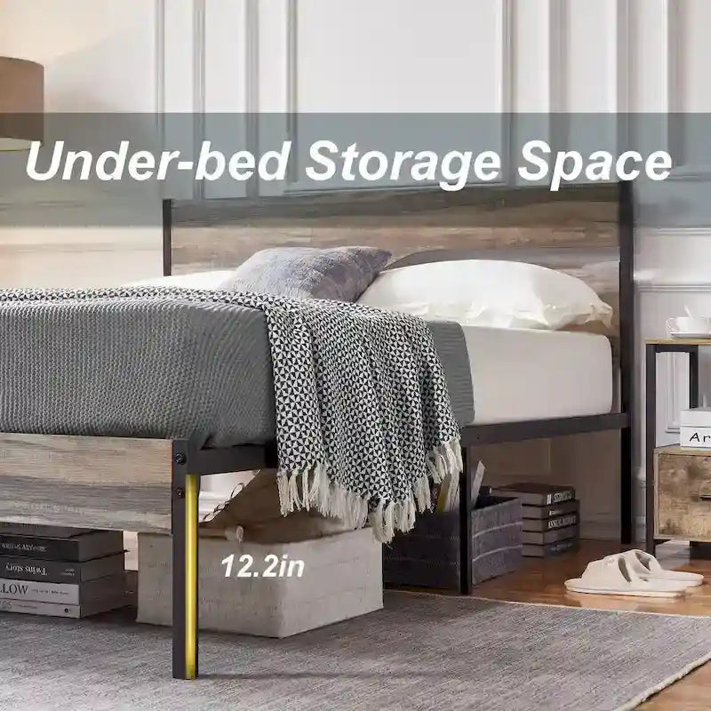 Cadre de lit en métal industriel avec tête de lit en bois, lit plateforme en métal double/complet/grand lit, sommier tapissier non nécessaire, ardoise