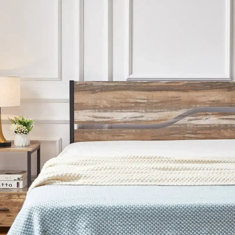 Cadre de lit en métal industriel avec tête de lit en bois, lit plateforme en métal double/complet/grand lit, sommier tapissier non nécessaire, ardoise