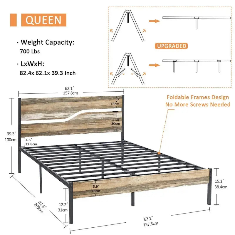 Cadre de lit en métal industriel avec tête de lit en bois, lit plateforme en métal double/complet/grand lit, sommier tapissier non nécessaire, ardoise