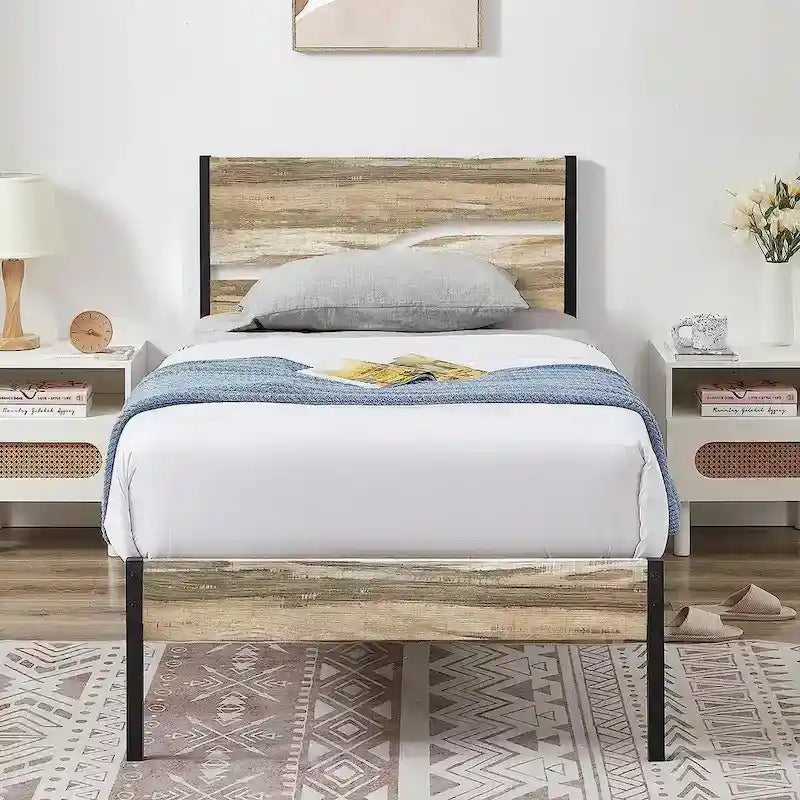 Cadre de lit en métal industriel avec tête de lit en bois, lit plateforme en métal double/complet/grand lit, sommier tapissier non nécessaire, ardoise