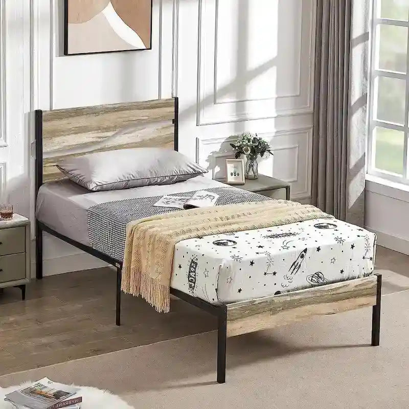 Cadre de lit en métal industriel avec tête de lit en bois, lit plateforme en métal double/complet/grand lit, sommier tapissier non nécessaire, ardoise