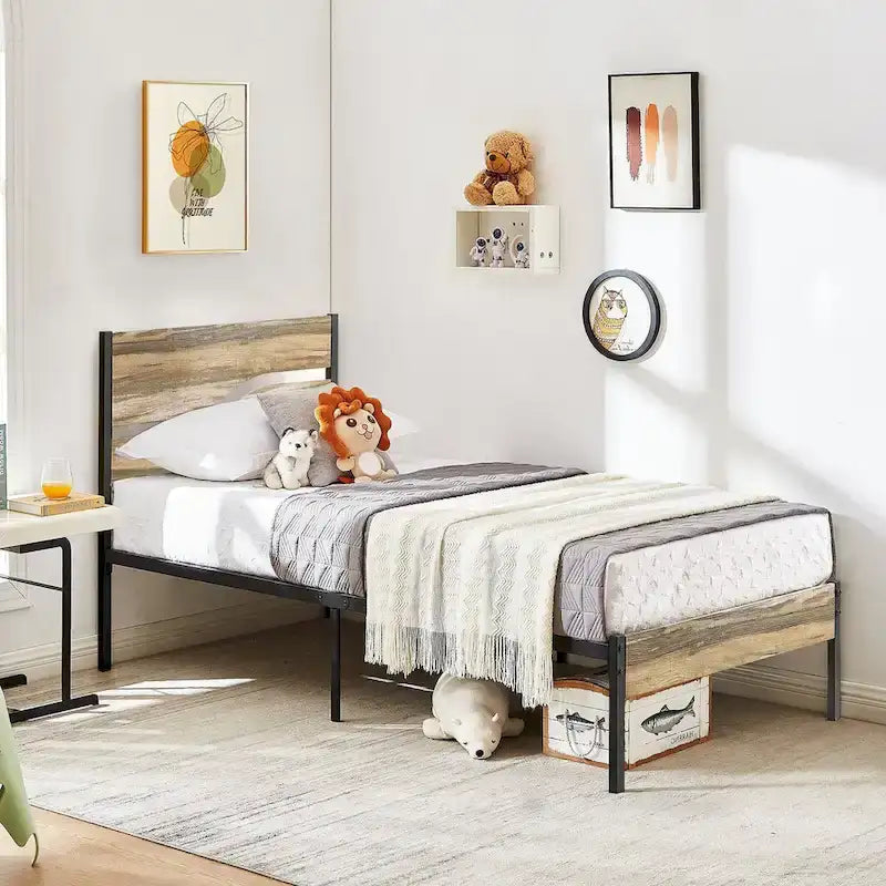 Cadre de lit en métal industriel avec tête de lit en bois, lit plateforme en métal double/complet/grand lit, sommier tapissier non nécessaire, ardoise