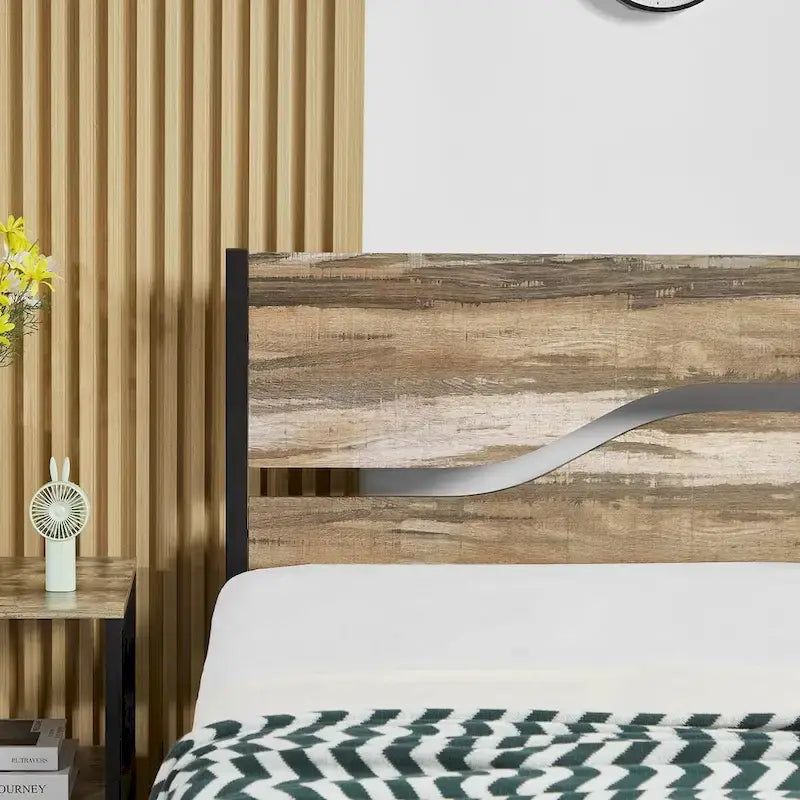 Cadre de lit en métal industriel avec tête de lit en bois, lit plateforme en métal double/complet/grand lit, sommier tapissier non nécessaire, ardoise