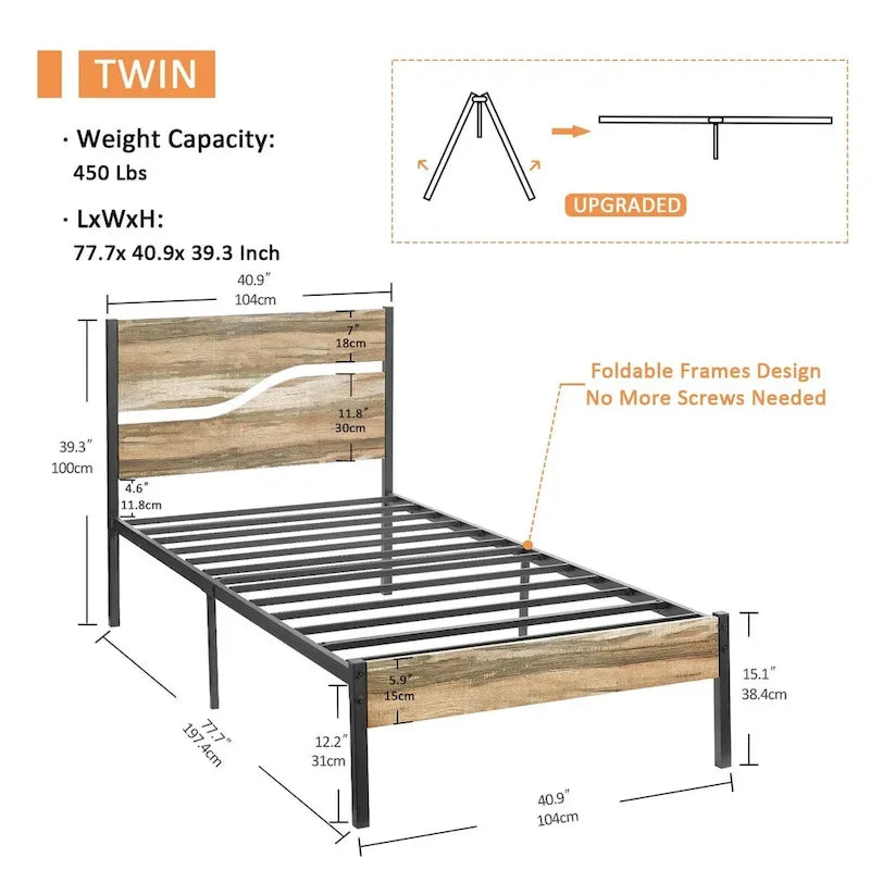 Cadre de lit en métal industriel avec tête de lit en bois, lit plateforme en métal double/complet/grand lit, sommier tapissier non nécessaire, ardoise