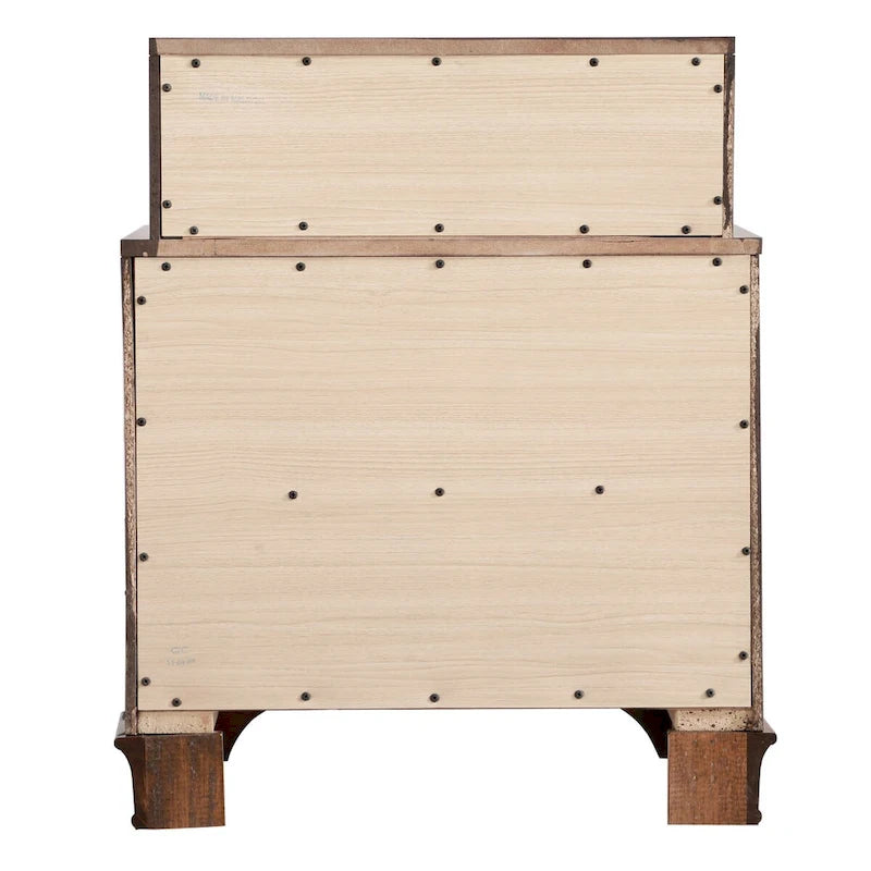 Table de chevet traditionnelle à trois tiroirs, deux niveaux et poignées métalliques