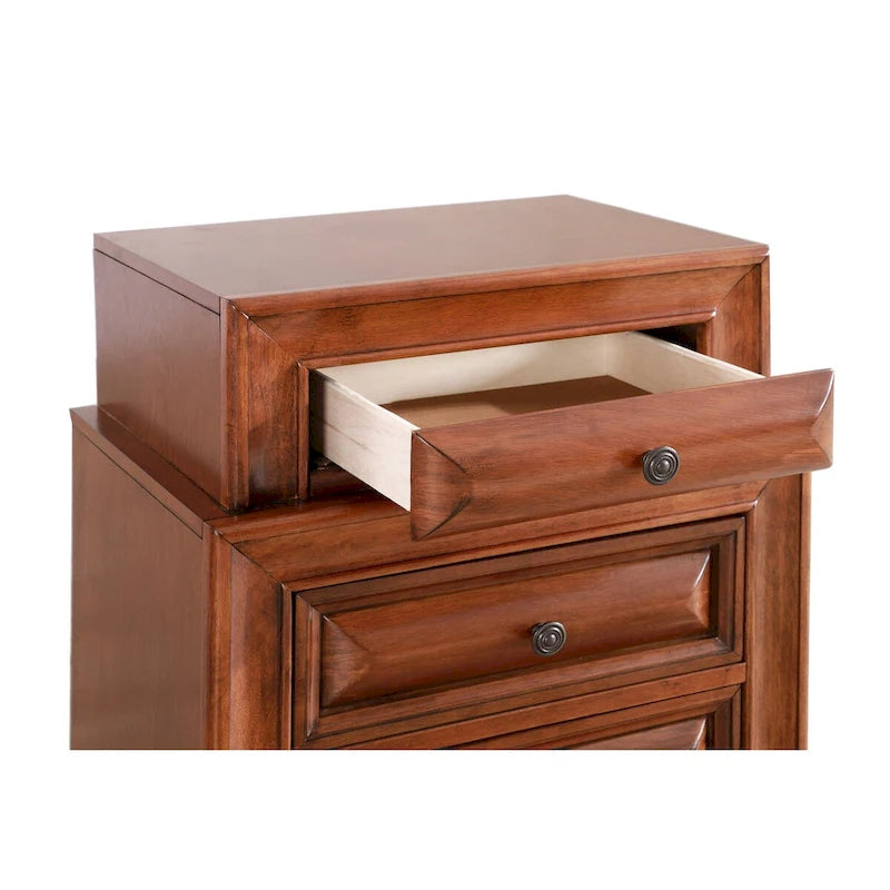 Table de chevet traditionnelle à trois tiroirs, deux niveaux et poignées métalliques