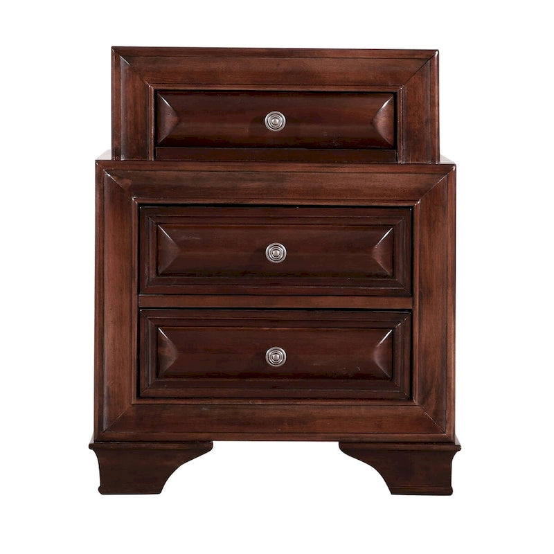 Table de chevet traditionnelle à trois tiroirs, deux niveaux et poignées métalliques