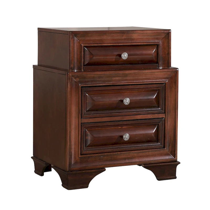 Table de chevet traditionnelle à trois tiroirs, deux niveaux et poignées métalliques