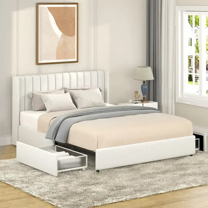 Lit plateforme capitonné en boucle avec tiroir, taille Queen Size