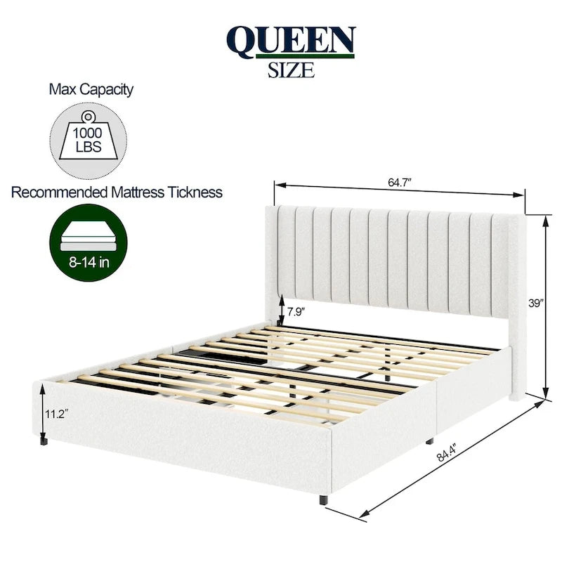 Lit plateforme capitonné en boucle avec tiroir, taille Queen Size