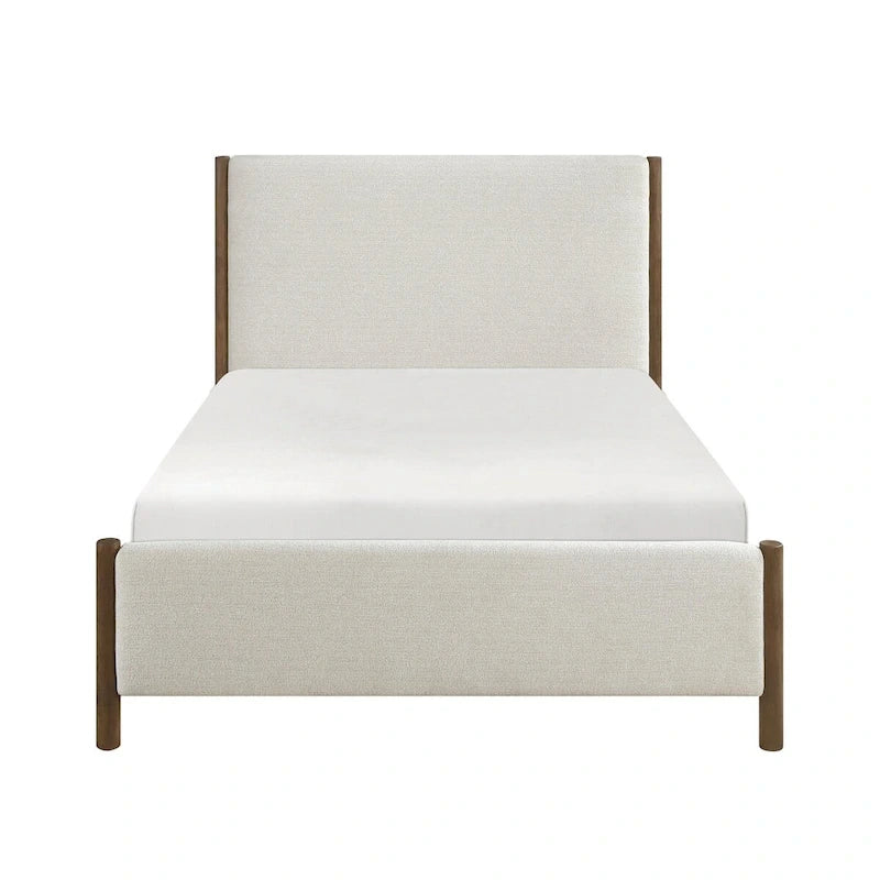 Lit plateforme tapissé en chenille beige, bois massif, 1 pièce