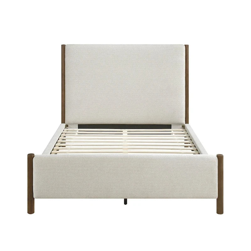 Lit plateforme tapissé en chenille beige, bois massif, 1 pièce