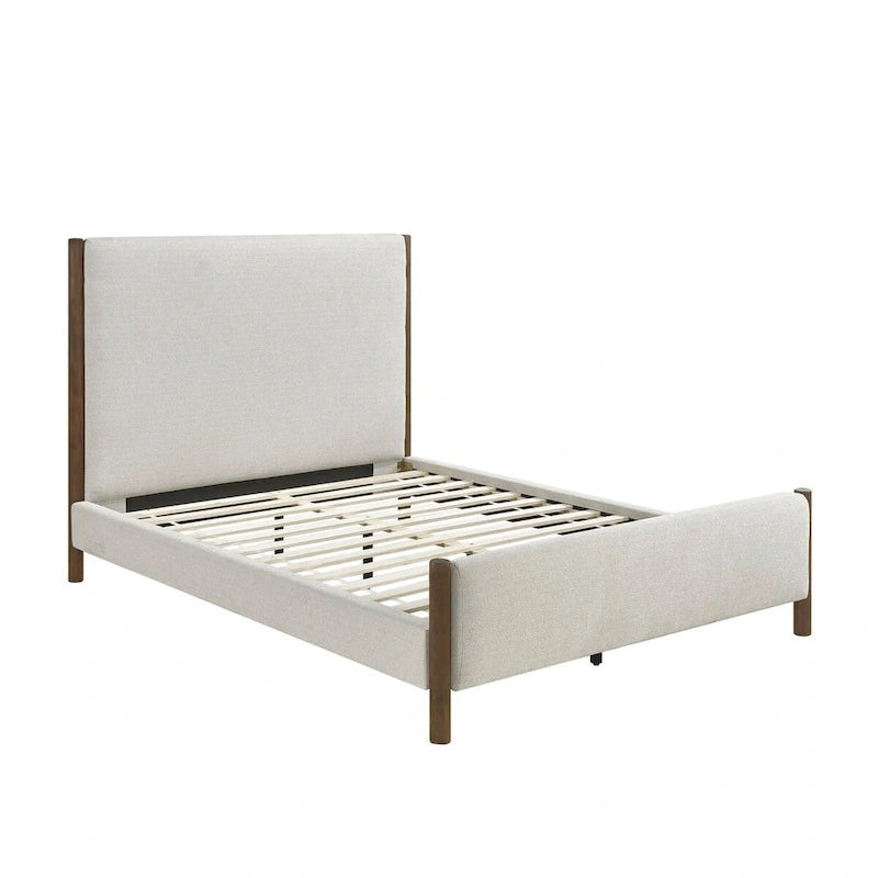 Lit plateforme tapissé en chenille beige, bois massif, 1 pièce